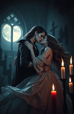 A hauntingly beautiful scene depicting a romance between two women, one of whom is a vampire