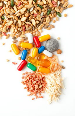 A visually appealing and detailed composition showcasing poultry feed ingredients like vitamins, minerals, probiotics, and prebiotics
