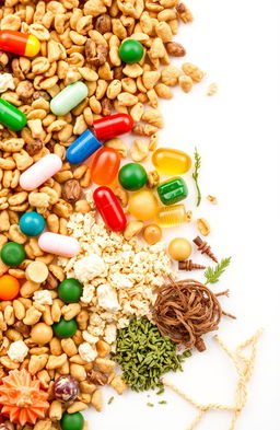 A visually appealing and detailed composition showcasing poultry feed ingredients like vitamins, minerals, probiotics, and prebiotics
