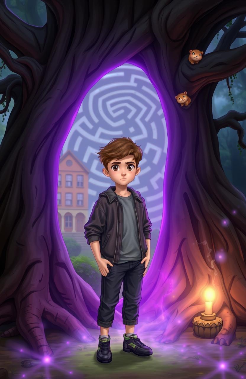 A scene featuring a teenage boy named Joey standing next to an ancient, gnarled tree in a magical forest