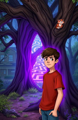 A scene featuring a teenage boy named Joey standing next to an ancient, gnarled tree in a magical forest