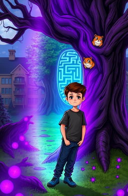 A scene featuring a teenage boy named Joey standing next to an ancient, gnarled tree in a magical forest