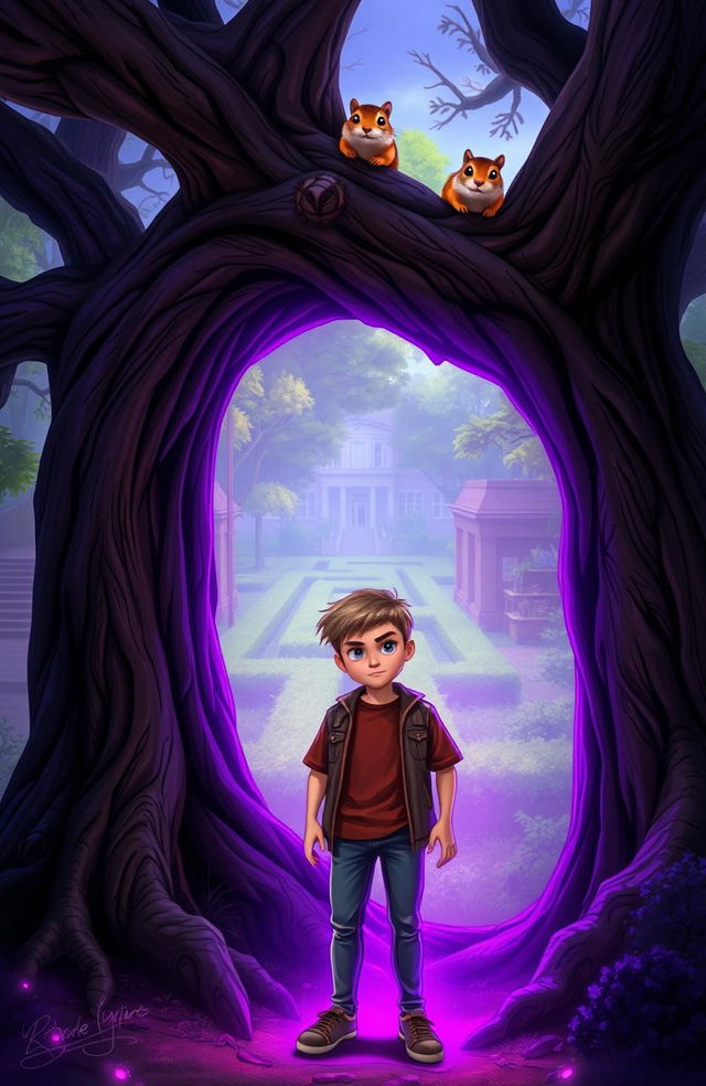 A scene featuring a teenage boy named Joey standing next to an ancient, gnarled tree in a magical forest