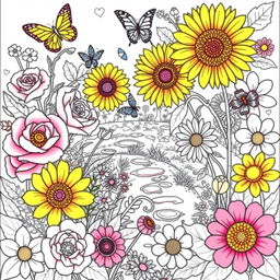 A beautifully illustrated floral coloring book page featuring a variety of flowers such as roses, sunflowers, and daisies, with intricate patterns and detailed outlines for coloring