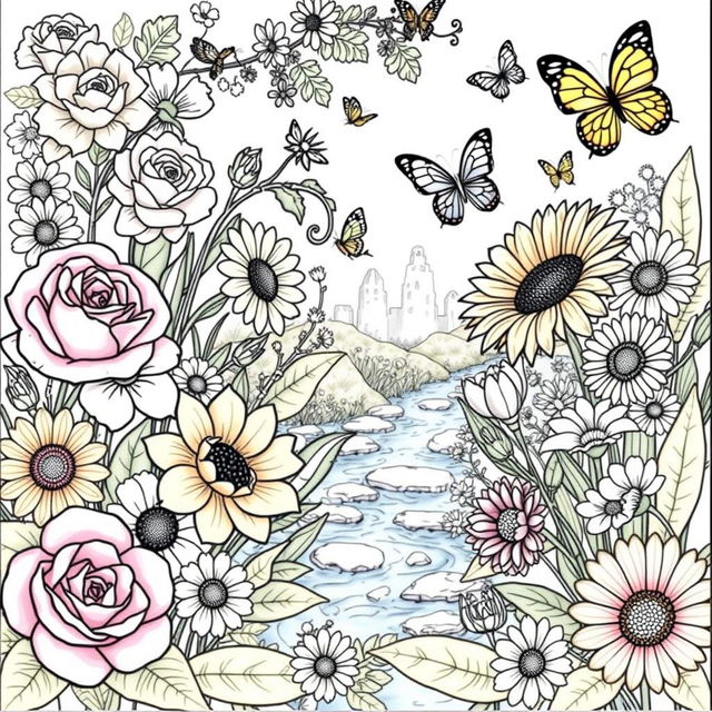 A beautifully illustrated floral coloring book page featuring a variety of flowers such as roses, sunflowers, and daisies, with intricate patterns and detailed outlines for coloring