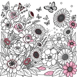 A beautifully illustrated floral coloring book page featuring a variety of flowers such as roses, sunflowers, and daisies, with intricate patterns and detailed outlines for coloring