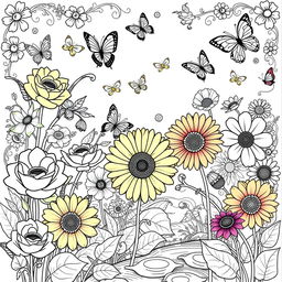 A beautifully illustrated floral coloring book page featuring a variety of flowers such as roses, sunflowers, and daisies, with intricate patterns and detailed outlines for coloring