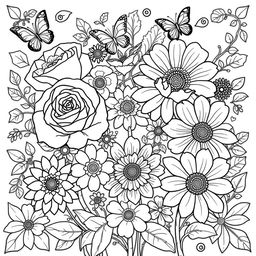 A beautifully designed flower coloring book page featuring a variety of intricate flowers such as roses, daisies, and sunflowers, with detailed patterns and swirls surrounding them