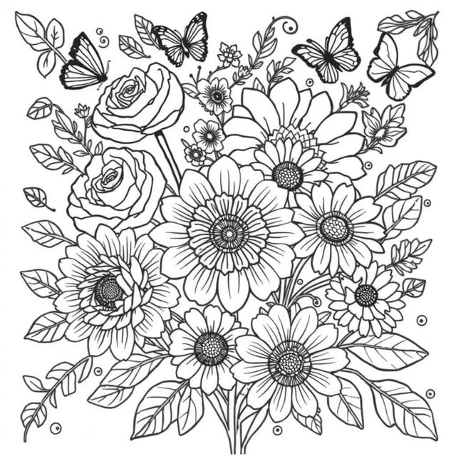 A beautifully designed flower coloring book page featuring a variety of intricate flowers such as roses, daisies, and sunflowers, with detailed patterns and swirls surrounding them