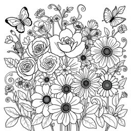 A beautifully designed flower coloring book page featuring a variety of intricate flowers such as roses, daisies, and sunflowers, with detailed patterns and swirls surrounding them