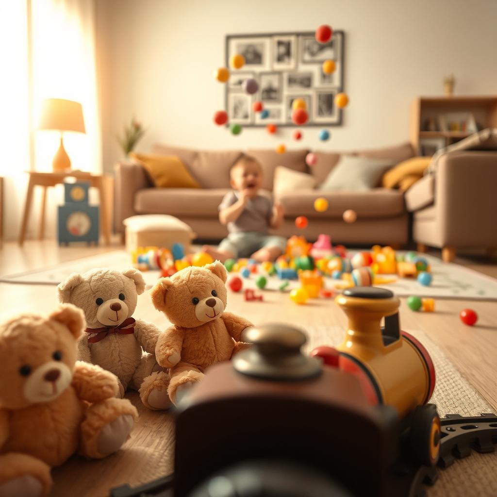 A cinematic shot captured from the perspective of a toy train moving along the living room floor, offering a playful and immersive view of the scene