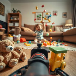 A cinematic shot captured from the perspective of a toy train moving along the living room floor, offering a playful and immersive view of the scene