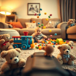 A cinematic shot captured from the perspective of a toy train moving along the living room floor, offering a playful and immersive view of the scene