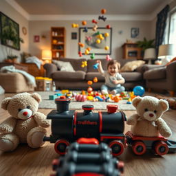 A cinematic shot captured from the perspective of a toy train moving along the living room floor, offering a playful and immersive view of the scene