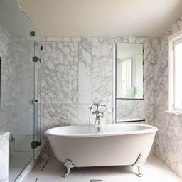 A modern classic bathroom design with a delicate mix of contemporary and traditional elements, featuring a claw-foot bathtub, a sleek glass shower stall, sleek marble top vanity, and chrome fixtures.