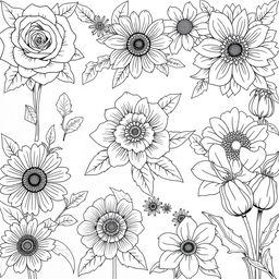 A collection of beautifully detailed flower illustrations designed for a coloring book