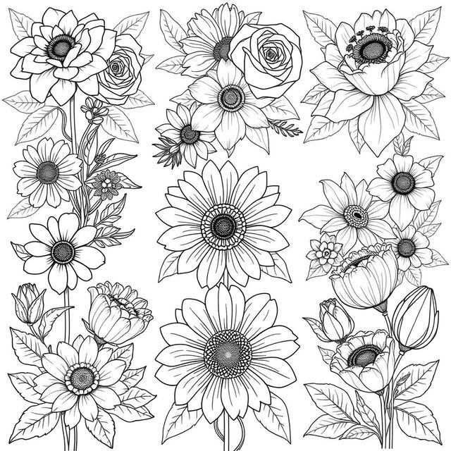 A collection of beautifully detailed flower illustrations designed for a coloring book