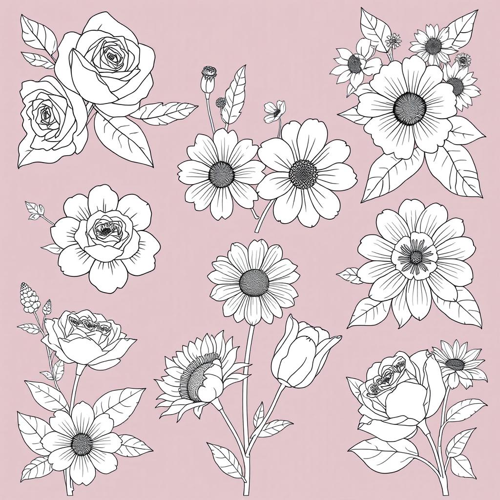 A collection of beautifully detailed flower illustrations designed for a coloring book