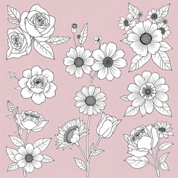 A collection of beautifully detailed flower illustrations designed for a coloring book