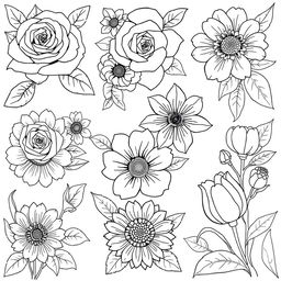 A collection of beautifully detailed flower illustrations designed for a coloring book