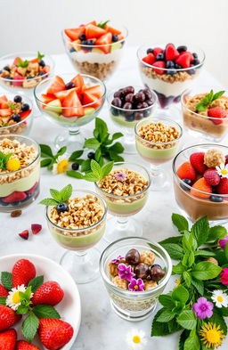 A beautifully arranged dessert table featuring an assortment of healthy desserts