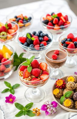 A beautifully arranged dessert table featuring an assortment of healthy desserts