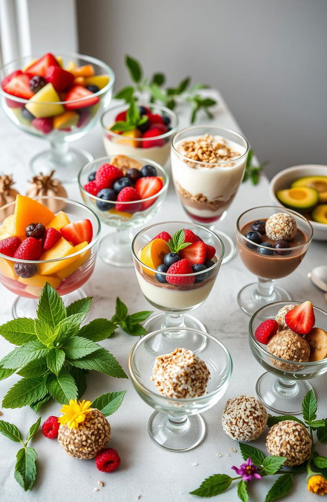 A beautifully arranged dessert table featuring an assortment of healthy desserts