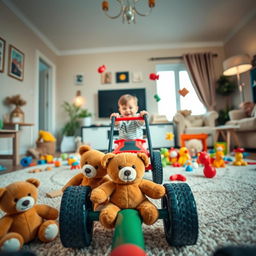 A cinematic shot captured from a toy cartwheel perspective, creating a playful and engaging view of the living room