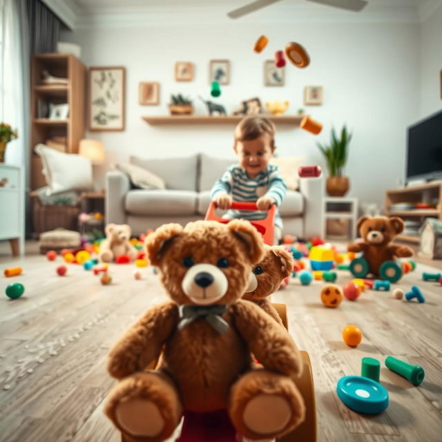 A cinematic shot captured from a toy cartwheel perspective, creating a playful and engaging view of the living room