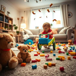 A cinematic shot captured from a toy cartwheel perspective, creating a playful and engaging view of the living room