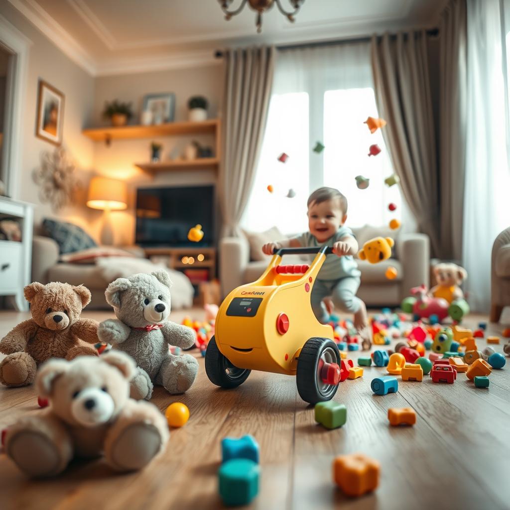 A cinematic shot captured from a toy cartwheel perspective, creating a playful and engaging view of the living room