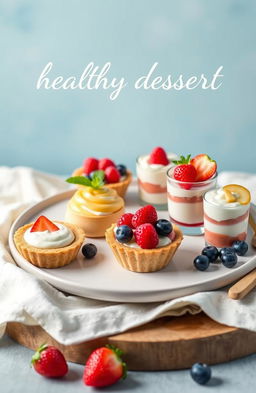 A visually stunning healthy dessert recipe book cover featuring a beautifully arranged plate of simple, appealing healthy desserts like fruit tarts, chia seed puddings, and yogurt parfaits