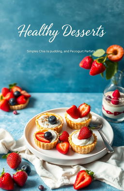 A visually stunning healthy dessert recipe book cover featuring a beautifully arranged plate of simple, appealing healthy desserts like fruit tarts, chia seed puddings, and yogurt parfaits