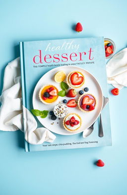 A visually stunning healthy dessert recipe book cover featuring a beautifully arranged plate of simple, appealing healthy desserts like fruit tarts, chia seed puddings, and yogurt parfaits