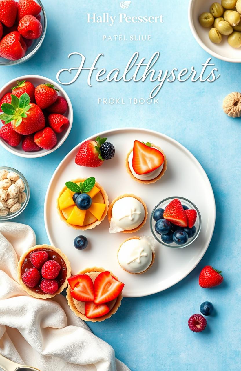 A visually stunning healthy dessert recipe book cover featuring a beautifully arranged plate of simple, appealing healthy desserts like fruit tarts, chia seed puddings, and yogurt parfaits