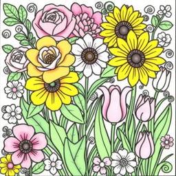 A delightful and intricate flower coloring book page featuring a variety of beautiful and detailed flowers, including roses, sunflowers, daisies, and tulips