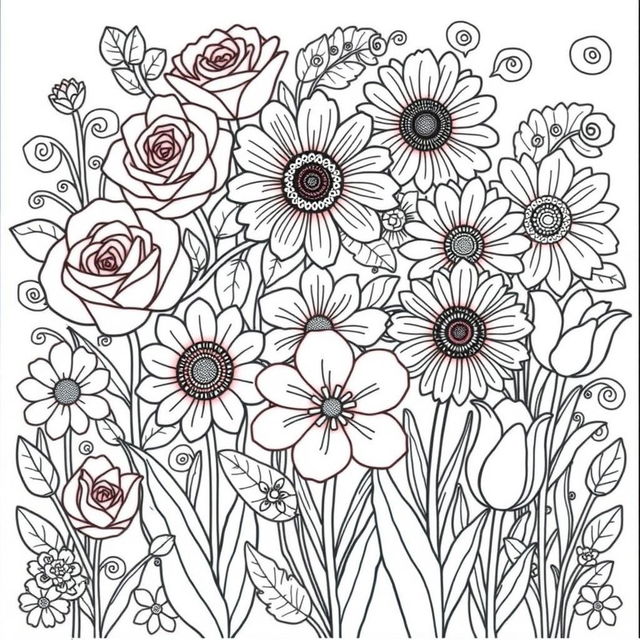 A delightful and intricate flower coloring book page featuring a variety of beautiful and detailed flowers, including roses, sunflowers, daisies, and tulips