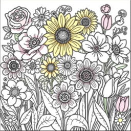 A delightful and intricate flower coloring book page featuring a variety of beautiful and detailed flowers, including roses, sunflowers, daisies, and tulips