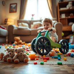 A cinematic close-up shot captured from a toy cartwheel perspective, emphasizing the playful details of the scene