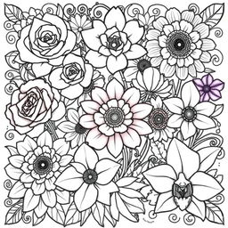 An intricate coloring book page featuring a variety of beautifully detailed flowers, including roses, daisies, sunflowers, and orchids