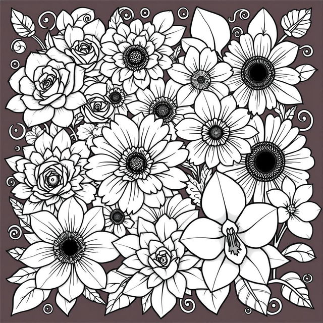 An intricate coloring book page featuring a variety of beautifully detailed flowers, including roses, daisies, sunflowers, and orchids