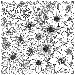 An intricate coloring book page featuring a variety of beautifully detailed flowers, including roses, daisies, sunflowers, and orchids