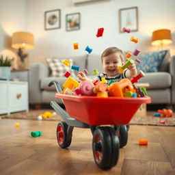 A cinematic close-up shot taken from the perspective of a toy wheelbarrow, creating an engaging and playful view of the living room scene