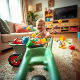 A cinematic close-up shot taken from the perspective of a toy wheelbarrow, creating an engaging and playful view of the living room scene