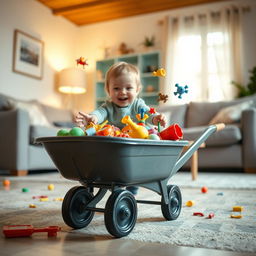 A cinematic close-up shot taken from the perspective of a toy wheelbarrow, creating an engaging and playful view of the living room scene