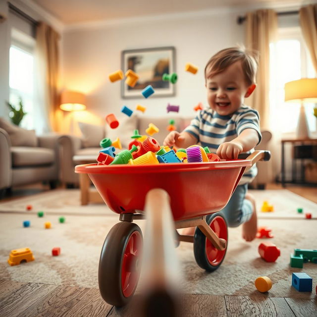 A cinematic close-up shot taken from the perspective of a toy wheelbarrow, creating an engaging and playful view of the living room scene