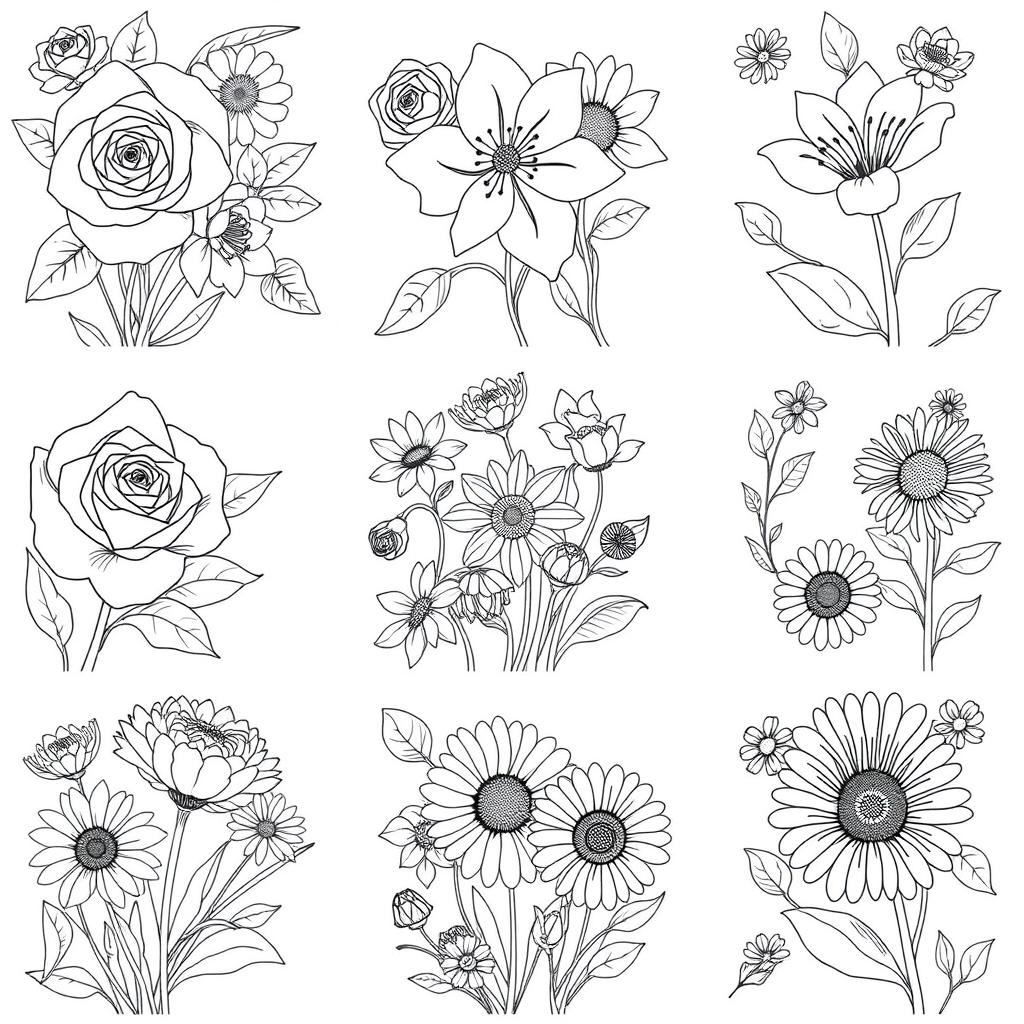 A beautiful collection of intricate flower designs for a coloring book, featuring a variety of flowers such as roses, lilies, sunflowers, and daisies