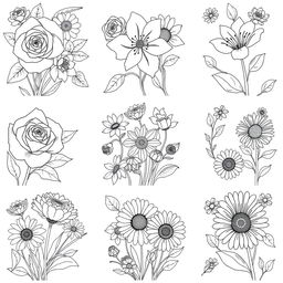 A beautiful collection of intricate flower designs for a coloring book, featuring a variety of flowers such as roses, lilies, sunflowers, and daisies