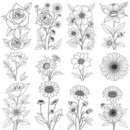 A beautiful collection of intricate flower designs for a coloring book, featuring a variety of flowers such as roses, lilies, sunflowers, and daisies