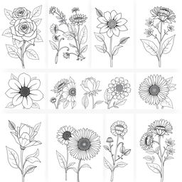 A beautiful collection of intricate flower designs for a coloring book, featuring a variety of flowers such as roses, lilies, sunflowers, and daisies